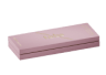 Pink rectangular box with gold text on a white background.