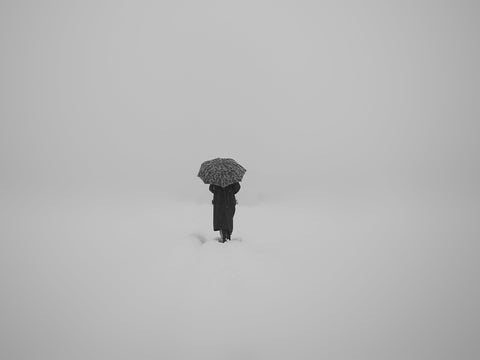 A person dressed in black and holding a black umbrella stands in a snowy landscape