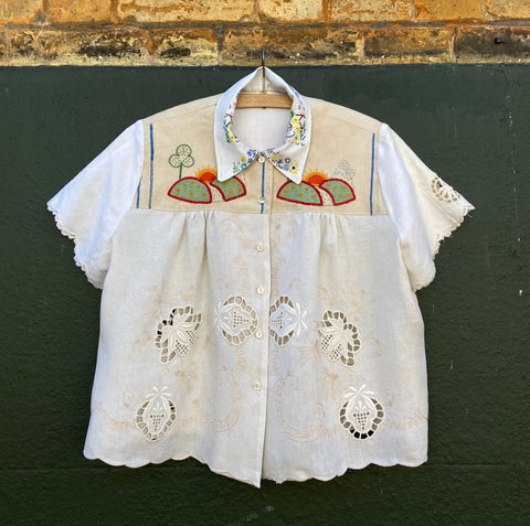 Shirt made from vintage recycled table linen with 1930s appliqué on the yokes