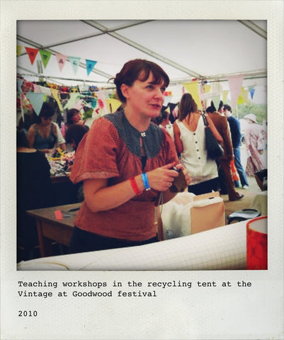 a woman in a brown top teaching a lampshade making workshop at the Vintage at Goodwood festival