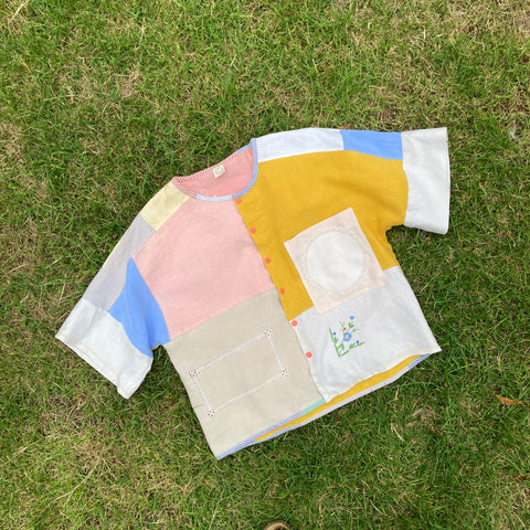 patchwork boxy top made of reclaimed pastel coloured linen napkins
