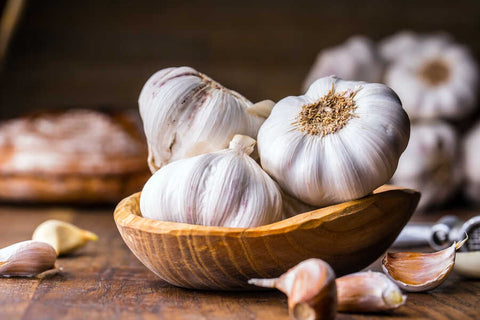 Garlic bulbs in a wooden bowl and garlic cloves on a rustic table with a blurred background