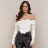 Cryptographic Off Shoulder Satin Corset Women Tops Long Sleeve Blouses Shirts Wine Elegant Shirts Sexy Backless Top Cropped