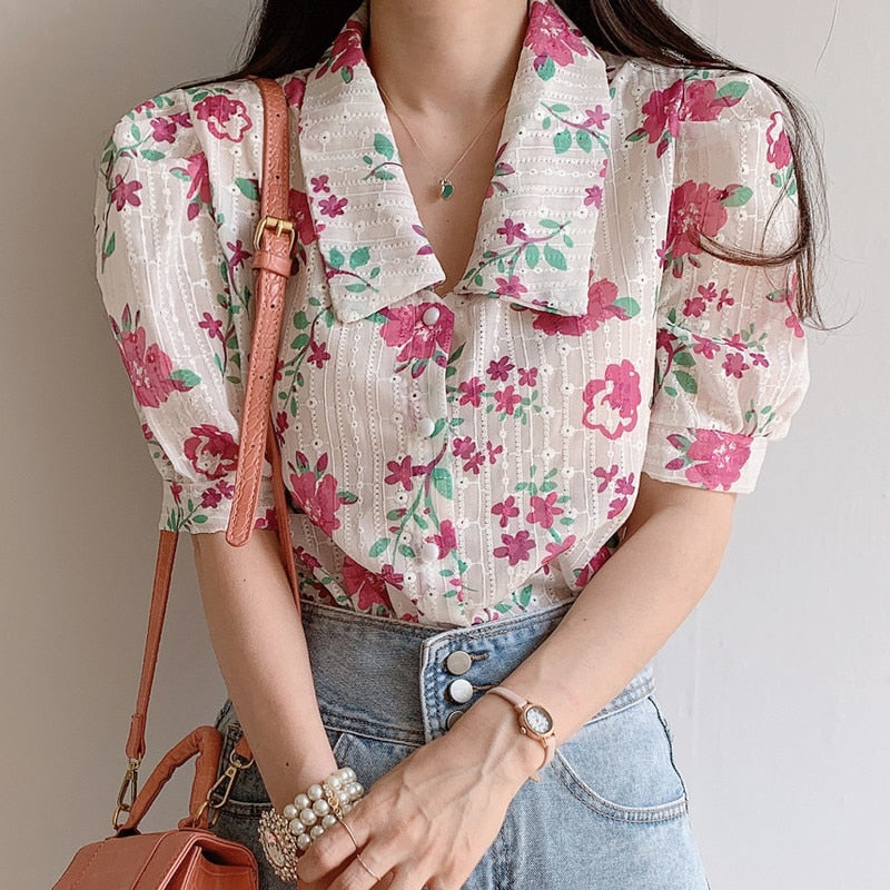 Summer New 2021 Korean Floral Blouses Tops Lapel Short Sleeve Embroidered Shirt Blusas Button Up Shirt Harajuku Tops Mujer 14792