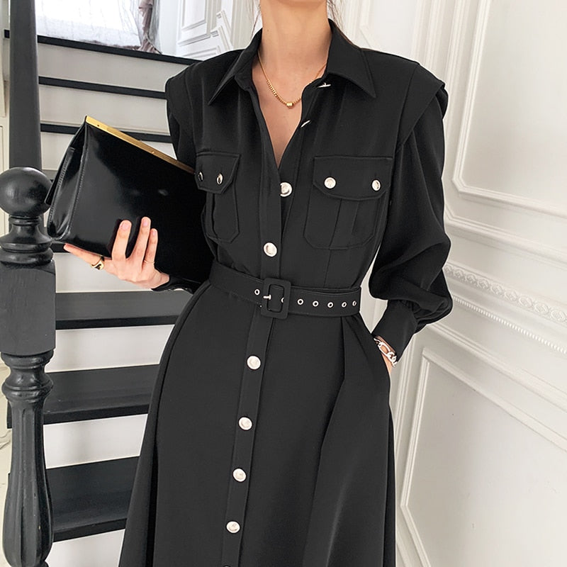 Spring Autumn Women New Fashion Female Puff Sleeve Vintage Solid Midi Shirt Dress Casual Single Breasted Waistband Chic Dress