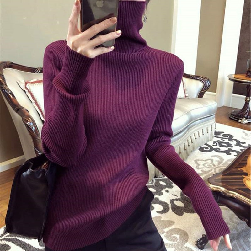 Autumn Winter Turtleneck Sweater Women Knitted Ribbed Pullover Sweater Long Sleeve  Slim Jumper Pull Femme Stretchable