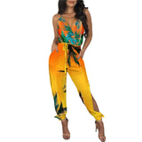 Xinging Women Jumpsuit Spaghetti Strap Mixed Print Slit Leg Jumpsuit Sexy V-Neck Jumpsuits for Women Clubwear Outfits Rompers