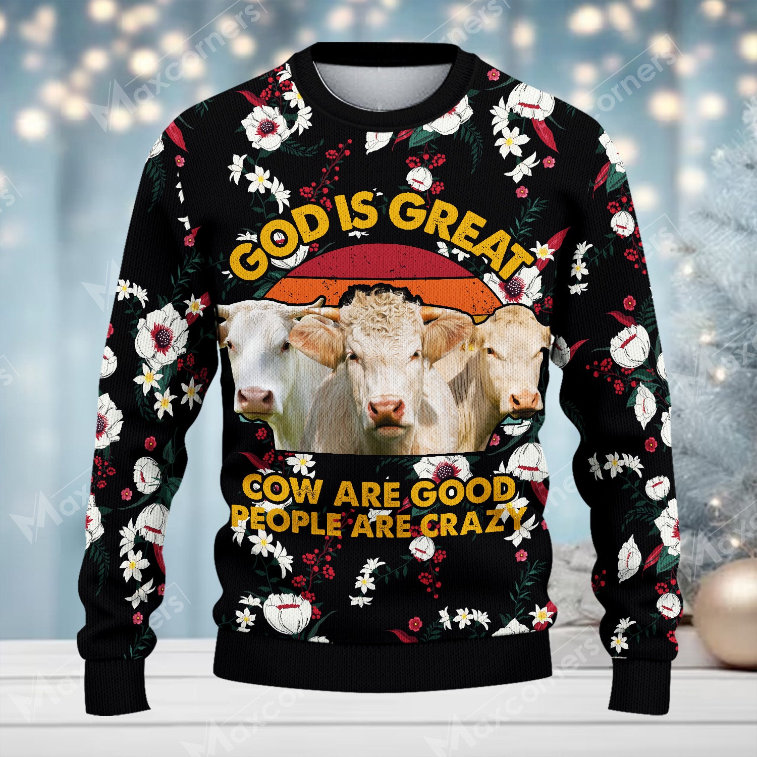 Joycorners Charolais Cattle God is great Merry Christmas Custom Farm Name Ugly Sweater