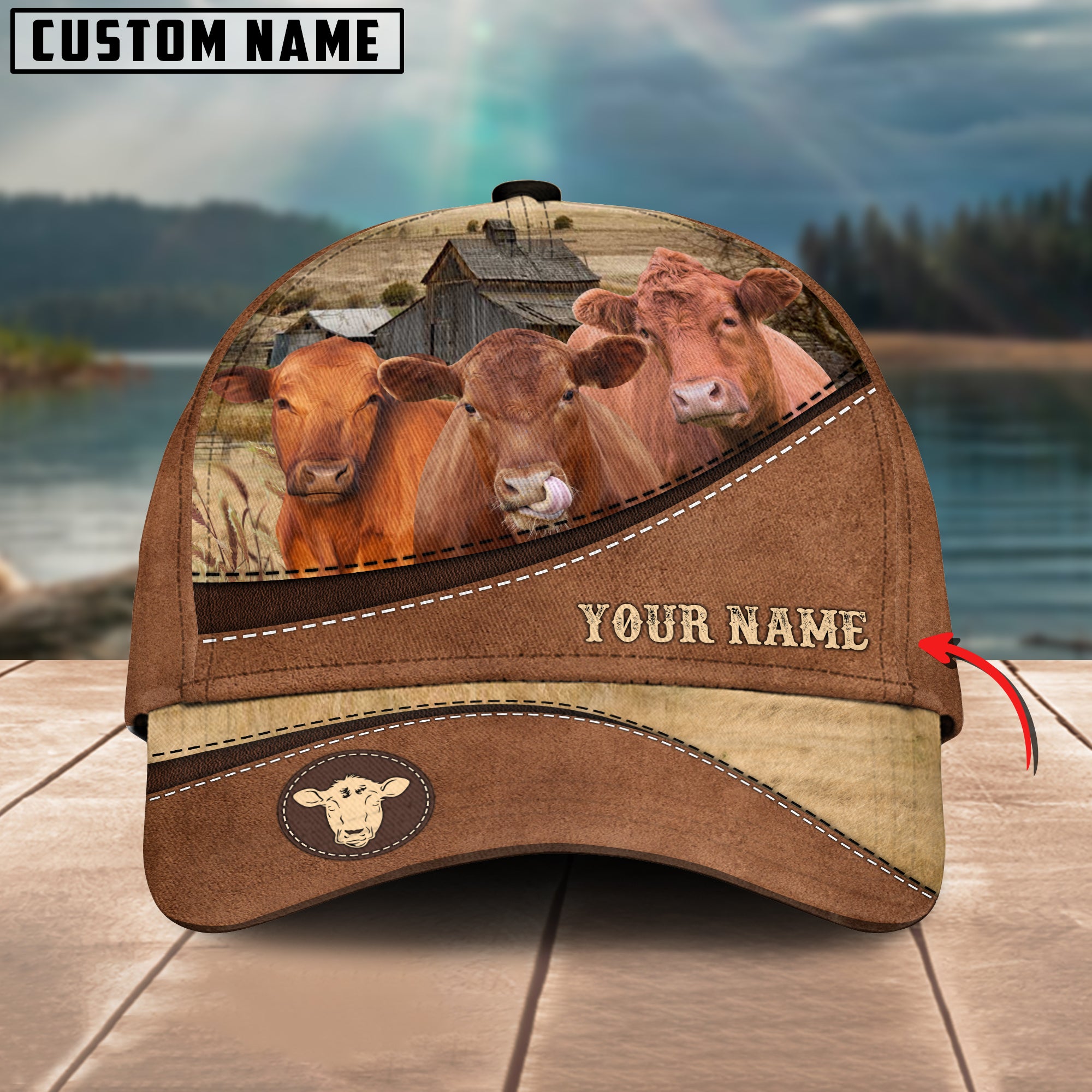 Joycorners Red Angus Brown Leather Pattern Customized Name 3D Classic Cap