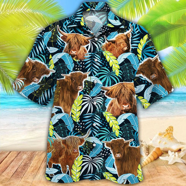 Joycorners Highland Cattle Jungle Leaves All Over Printed 3D Hawaiian Shirt