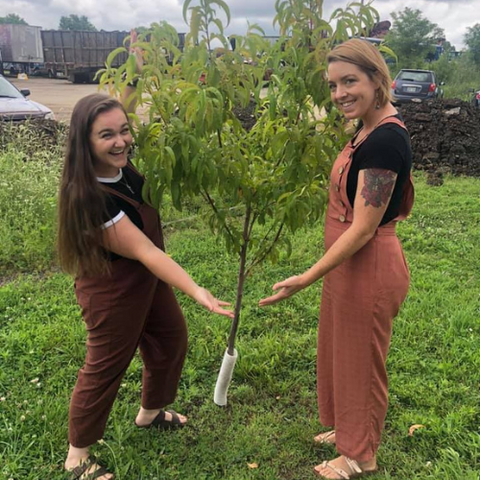 community members showing newly planted tree in community garden