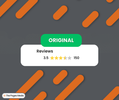 Example of product review with text, "Original" in green and "Reviews" with 3.5 star average rating from 150 reviewers.