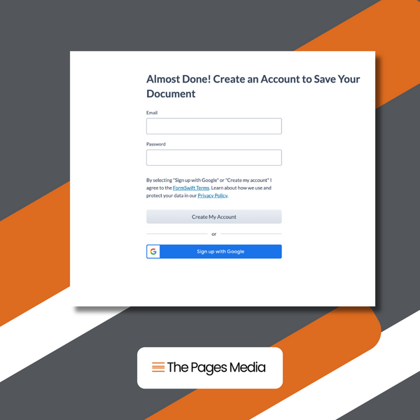 Screenshot with text, "Almost Done! Create an Account to Save Your Document" with email and password login account information sections.
