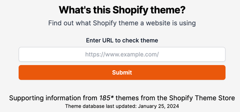shopinfo.app home page with text that reads what's this shopify theme with input button for url check