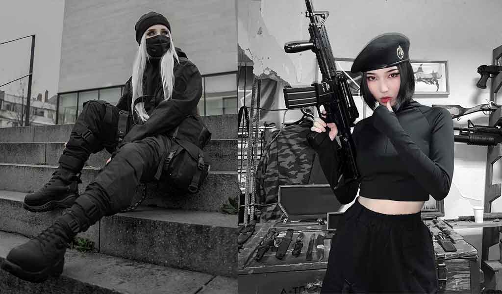 two girls wearing black warcore clothing womens. Techwear aesthetic inspired by military fashion