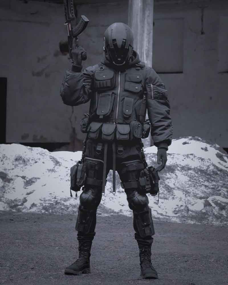 A man wears warcore fashion clothings with a cyberpunk mask, tactical vest and cargo pants with pockets