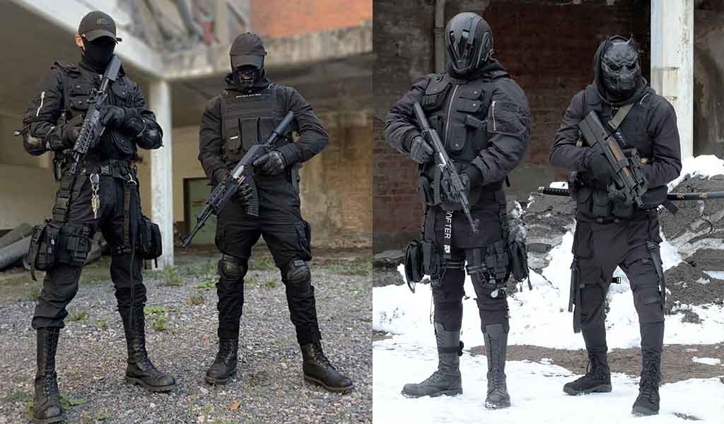 Four men wear warcore outfits with black tactical vest, techwear vest and military boots