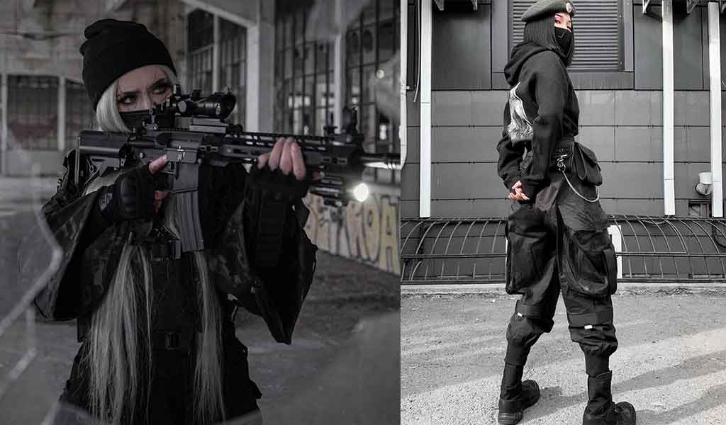 two girls wear a warcore style. Techwear outfits inspired by tactical military fashion