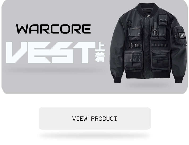 Chooses a black warcore vest for a techwear military outfit. Coat with multiple pockets.
