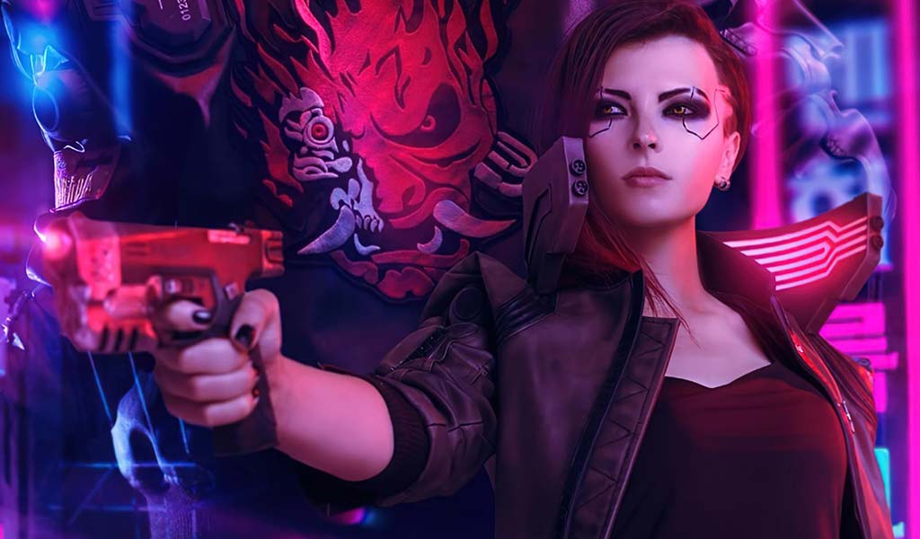 a woman wearing a cyberpunk 2077 fashion bomber coat and a gun