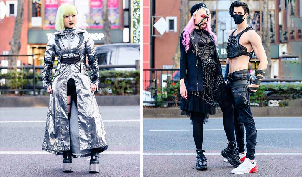 3 persons wearing dystopian cyberpunk fashion