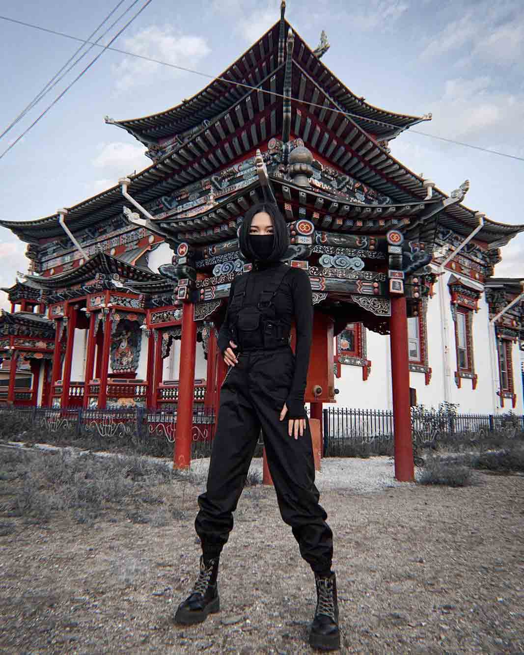 urban ninja girl with black techwear outfit