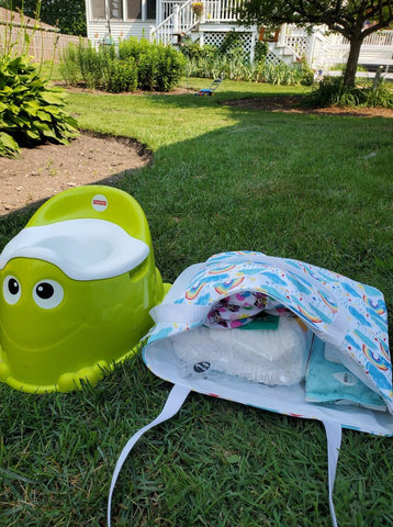 bag in a lawn with toys nearby