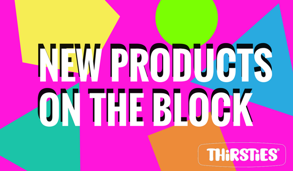 image of bright shapes with text about new products