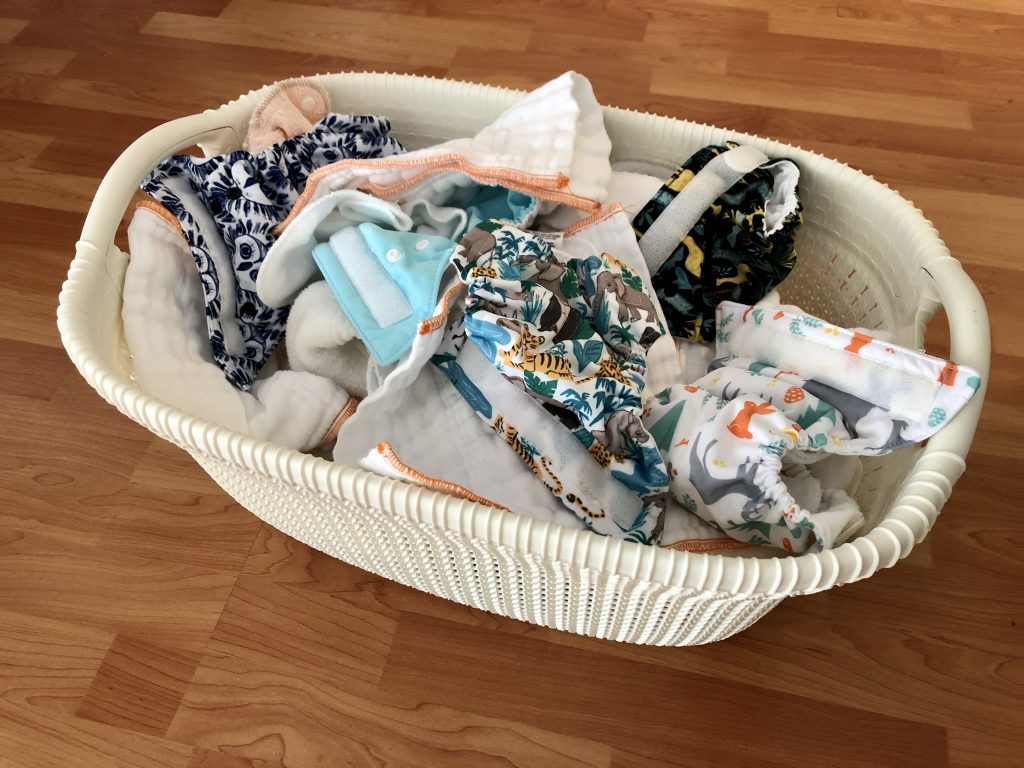 laundry basket of clean newborn cloth diaper 