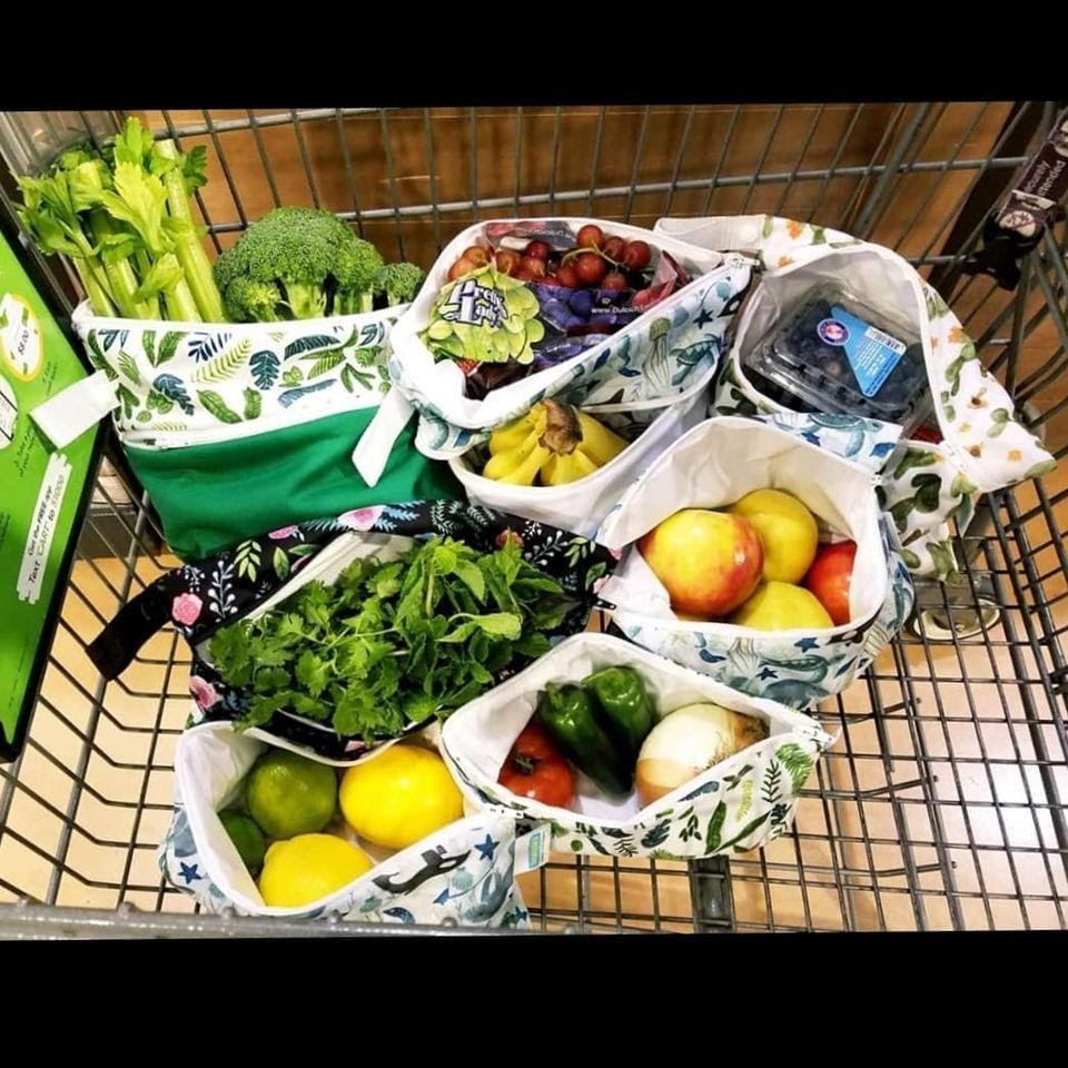 grocery shopping with thirsties reusable bags