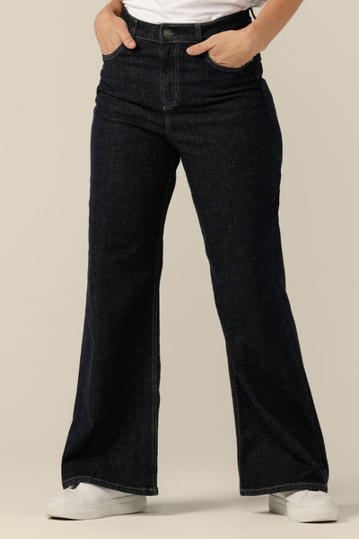 High-waisted, flared leg jeans in midnight denim, size 8. Ethically and sustainably made by Australian and New Zealand women's clothing brand, L&F.