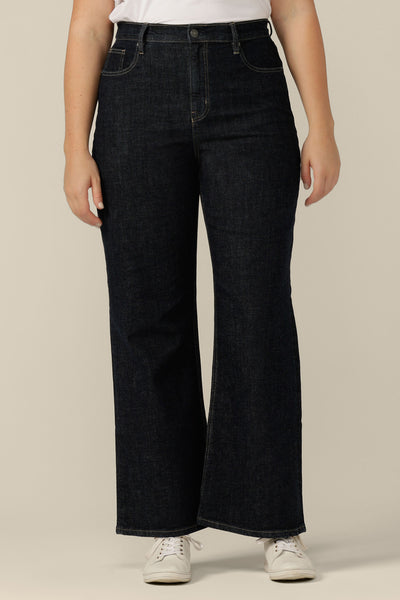 High-waisted, flared leg jeans in midnight denim, size 12. Ethically and sustainably made by Australian and New Zealand women's clothing label, L&F.