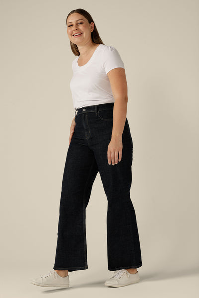 High-waisted, flared leg jeans in midnight denim, size 12. Ethically and sustainably made by Australian and New Zealand women's clothing brand, L&F. Shop jeans now with free shipping to New Zealand.