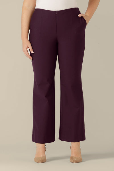 Good for workwear or evening wear pants, these mulberry trousers, shown in a size 12, by Australia and New Zealand women's fashion label, L&F feature full-length, boot-cut flared legs. 