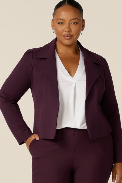 A great top for workwear, this long sleeve, V-neck top in white bamboo is a clothing essential that will match with your capsule work wardrobes. Worn under a Mulberry tailored jacket and pants for work and the office, all are made in Australia by Australian and New Zealand women's clothing brand, L&F.