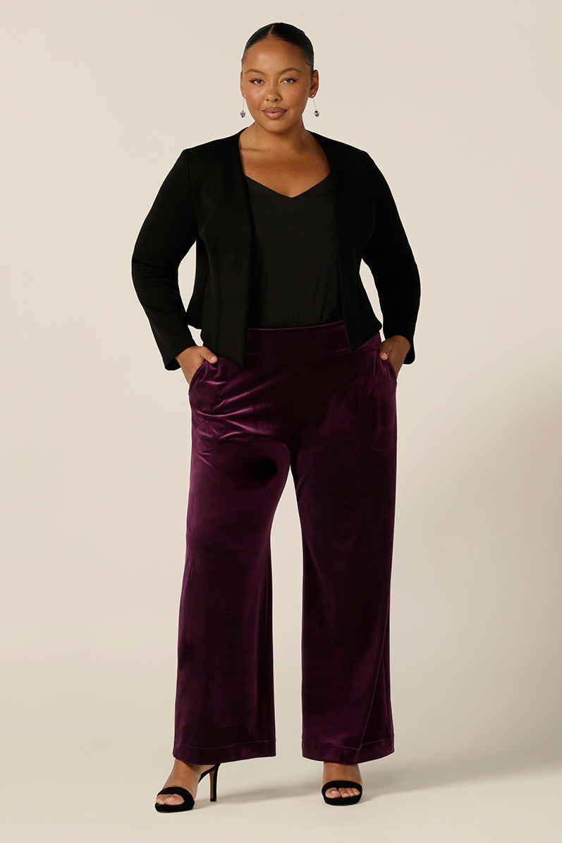 Slinky eveningwear pants make a good alternative for cocktail dress and occasionwear. Made in Australia by Australian and New Zealand women's clothing label, L&F, these straight-cut, wide leg pants in stretchy velour wear well with formal jackets or black cami tops, as shown here.