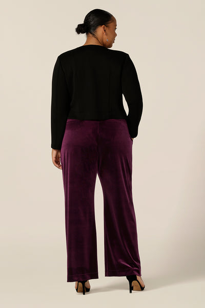 Slinky eveningwear pants make a good alternative for cocktail dress and occasionwear. Made in Australia by Australian and New Zealand women's clothing label, L&F, these straight-cut, wide leg pants in stretchy velour wear well with formal jackets or black cami tops, as shown here.