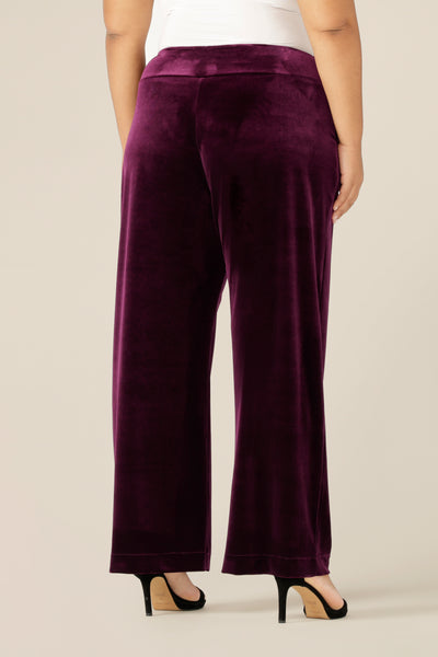 Slinky eveningwear pants make a good alternative for cocktail dress and occasionwear. Made in Australia by Australian and New Zealand women's clothing label, L&F, these straight-cut, wide leg pants in stretchy velour wear well with formal jackets or black cami tops, as shown here.