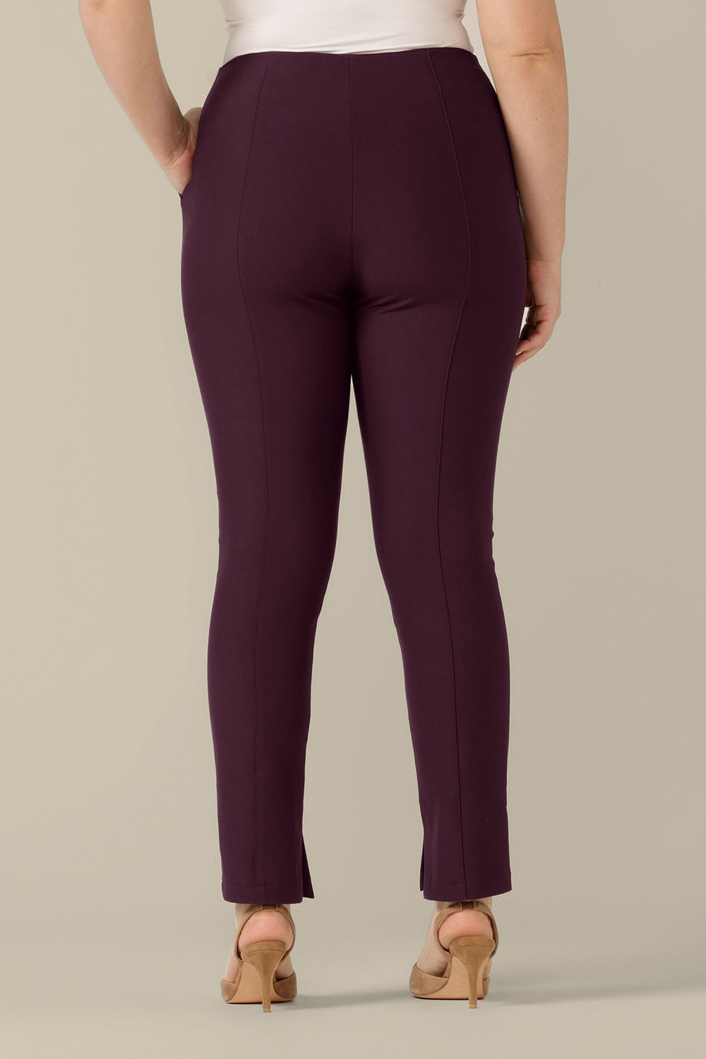  Back view of mid-rise, slim leg pants in mulberry ponte jersey, size 12, by Australia and New Zealand women's clothing brand, L&F. Good corporate wear pants, these comfortable trousers are made to fit an inclusive size range of sizes 8 to 24.