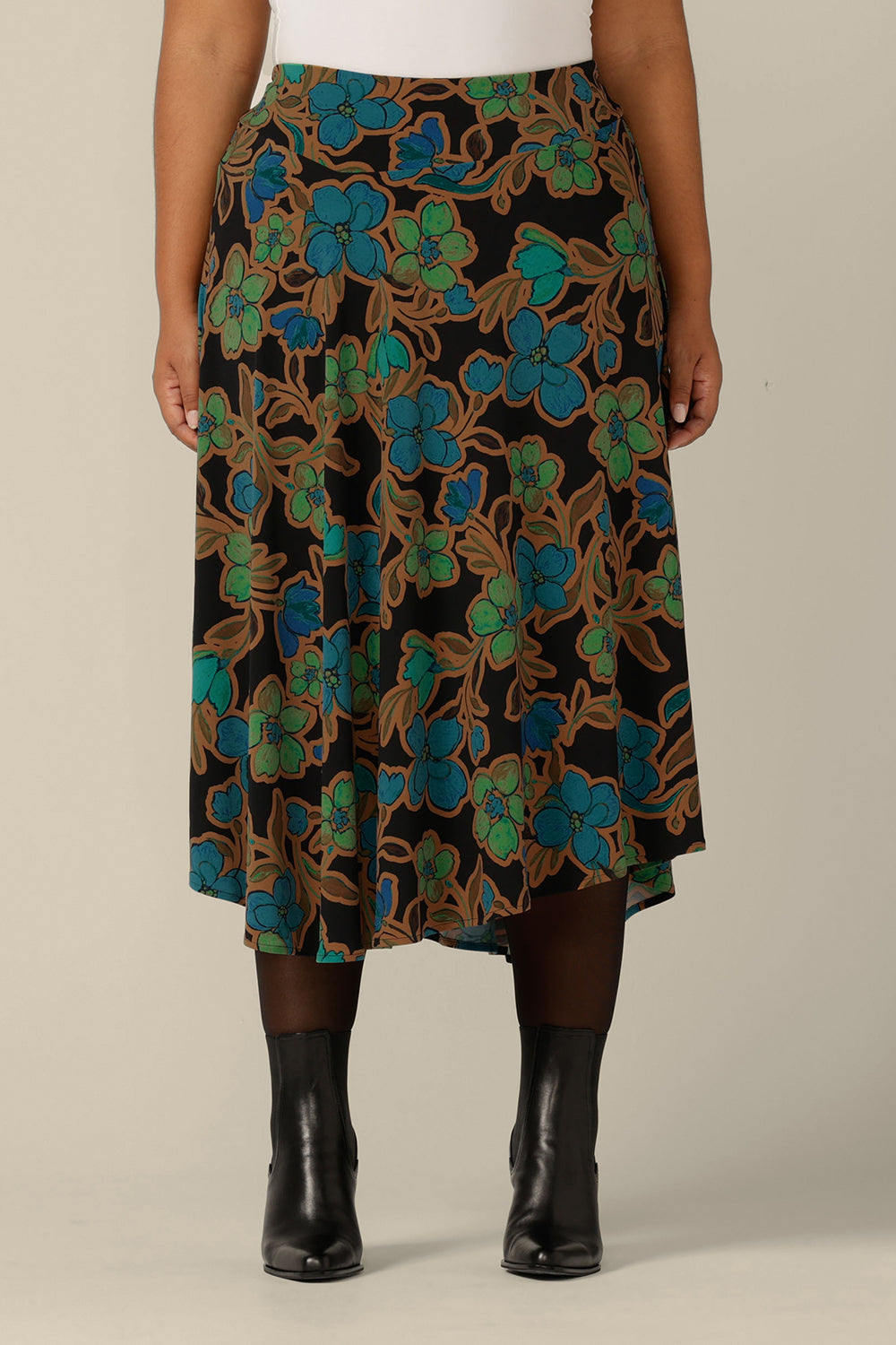 An asymmetric, midi skirt in a size 18 by Australian and New Zealand womenswear label, L&F. Australian-made, shop this jersey skirt in sizes 8 to 24.
