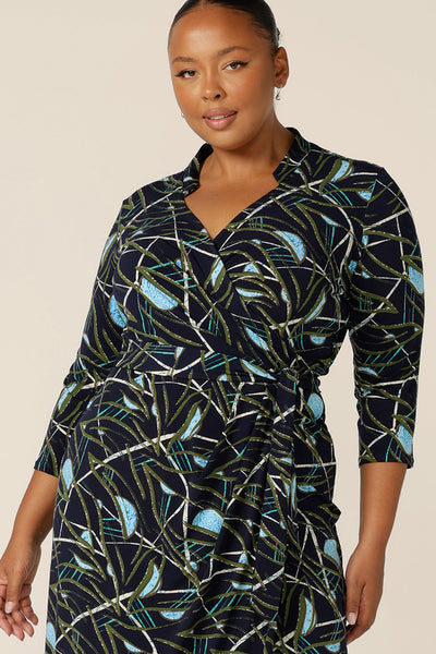 Detail shot of the wrap functioning on the Jett Wrap Dress. Made by Australia's wrap dress experts, L&F this printed jersey wrap dress in a size 18 is a great dress for work wear. Shop wrap dresses Australia and New Zealand-wide in petite to plus sizes.