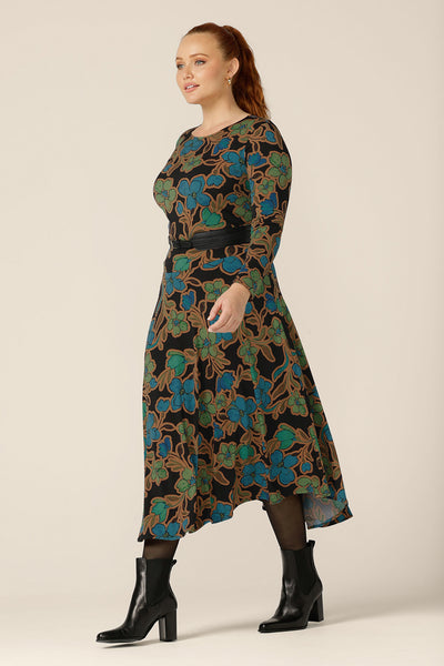 An asymmetric, mid-length skirt by Australian and New Zealand women's fashion brand, L&F. The Germaine Skirt in floral 'Secret Garden' print jersey is worn with a long sleeve, boat neck top in floral print jersey to create a faux dress look. Shop comfortable skirts for women and buy this jersey skirt in inclusive sizes, 8 to 24.