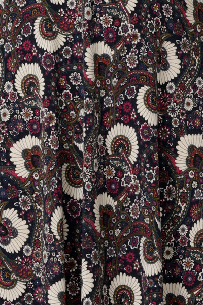swatch of Australian and New Zealand women's fashion label, L&F's paisley Midori print on dry touch jersey used to make a range of women's wide leg pants and tops.