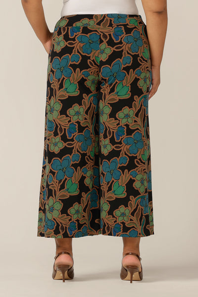 Back view of wide legs pants for women by Australian and New Zealand womenswear label, L&F. The Presley Pants in Secret Garden are mid-rise, pull-on trousers with wide legs and stretch jersey fabrication. 