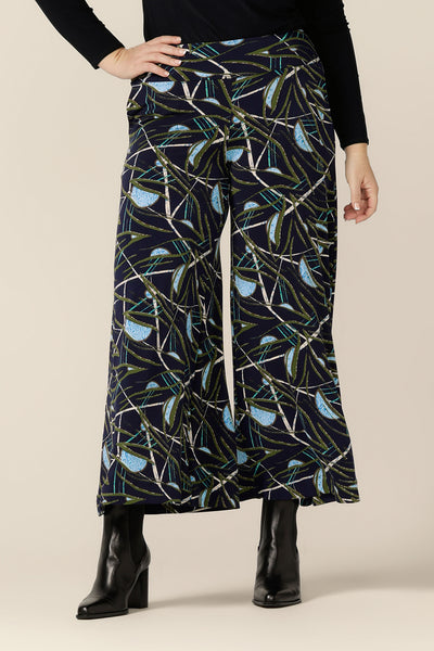 Australian-made wide-leg pants for women by Australian and New Zealand women's clothing label, L&F. Featuring a blue, green and white abstract print on navy-base jersey, these stretch-fit wide leg pants wear well for work or casual wear.