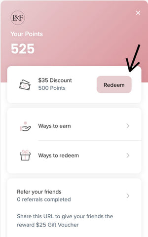 Leina and Fleur Online Customer Rewards Programme Redeem Screen