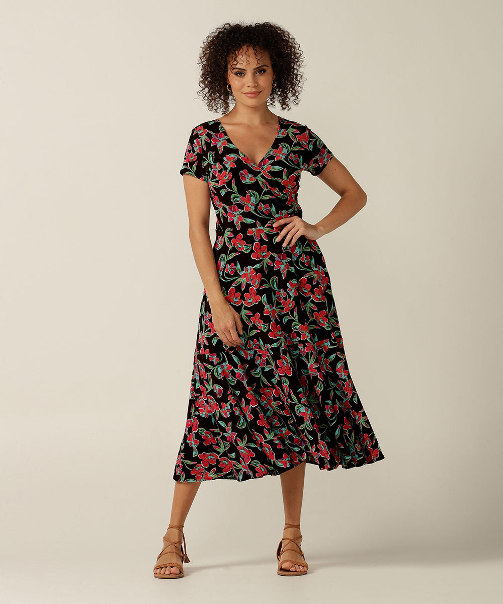 fixed wrap maxi dress with pockets and ruffle on skirt. Featuring an exclusive floral print, this dress is fitted by experts and made in Australia for plus size, petite sizes and women looking for slow fashion investment pieces.