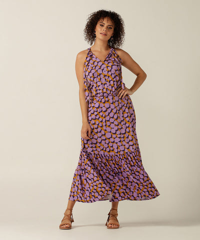 halter neck maxi dress with ruffle on hem in purple pebble print - Dresses maxi