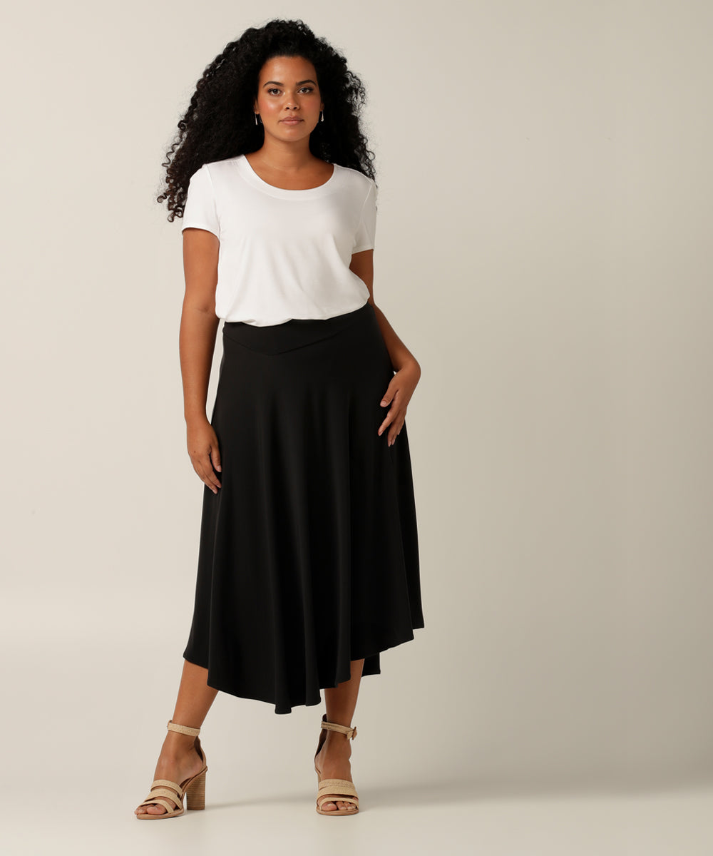 a comfortable stretch jersey maxi skirt with asymmetric hem, the Germain Skirt is perfect for work or weekend and your travel wardrobe. Made in Australia in petite to plus sizes.