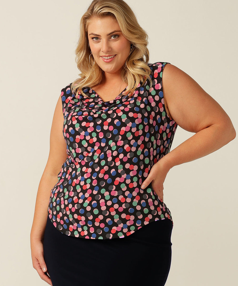 sleeveless stretch jersey top with soft cowl-neck. Made in Australia for petite to plus size women.